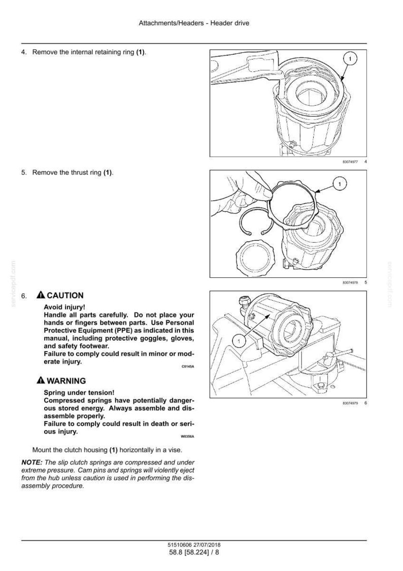 May include: Diagram of mechanical components with labels and instructions. Includes images of removing retaining rings and thrust rings. Warnings about spring tension and potential injury are also present.