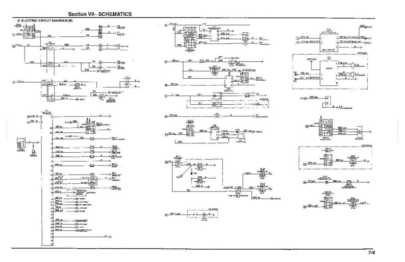 Może przedstawiać: Strona dokumentacji technicznej zatytułowana Section VII- SCHEMATICS, przedstawiająca złożony czarno-biały schemat obwodu elektrycznego z r&oacute;żnymi symbolami, liniami i etykietami. W prawym dolnym rogu znajduje się numer strony 7-2.
