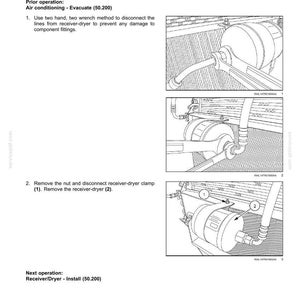 May include: Diagram illustrating the removal of a receiver/dryer from an air conditioning system. The image shows step-by-step instructions with numbered diagrams, including the use of wrenches and the disconnection of lines and clamps. Text includes "Receiver/Dryer - Remove".