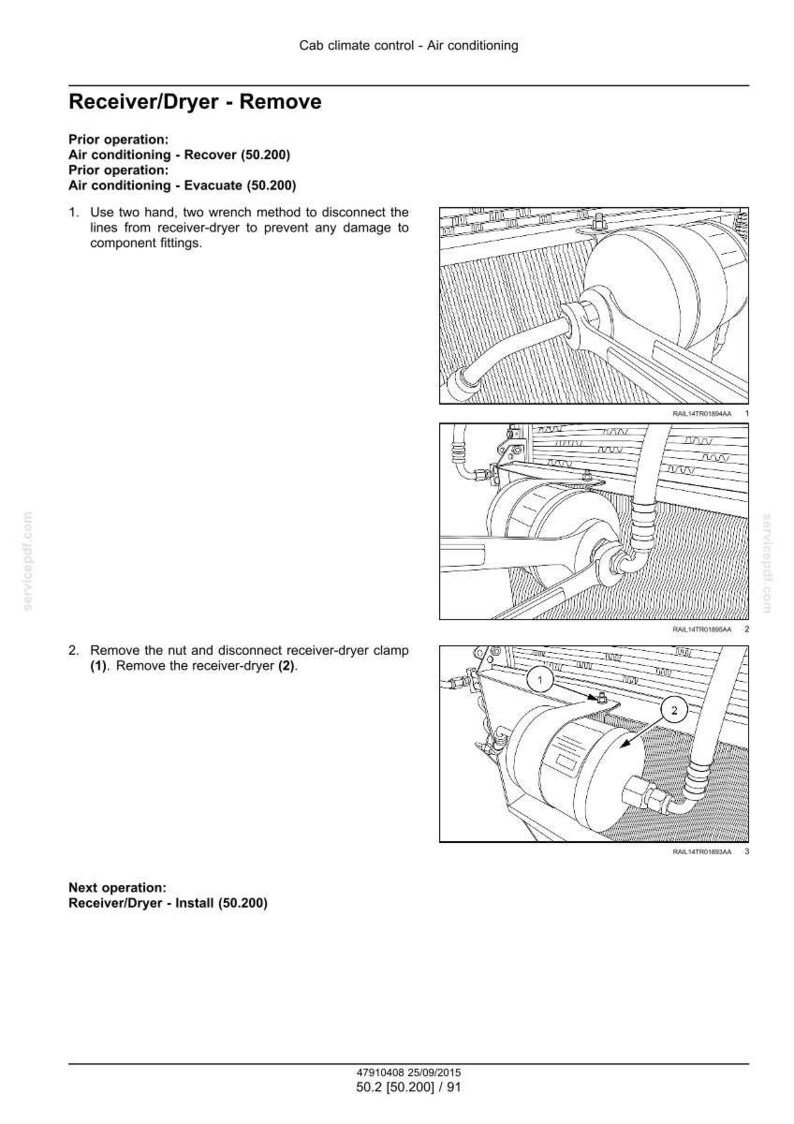 May include: Diagram illustrating the removal of a receiver/dryer from an air conditioning system. The image shows step-by-step instructions with numbered diagrams, including the use of wrenches and the disconnection of lines and clamps. Text includes "Receiver/Dryer - Remove".
