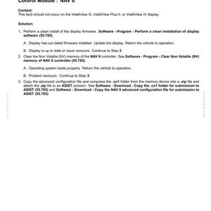 May include: A document detailing electrical system fault codes, specifically for NAV-78 in a precision farming system. The text includes troubleshooting steps for the Control Module NAV II, with instructions for software updates and memory clearing.