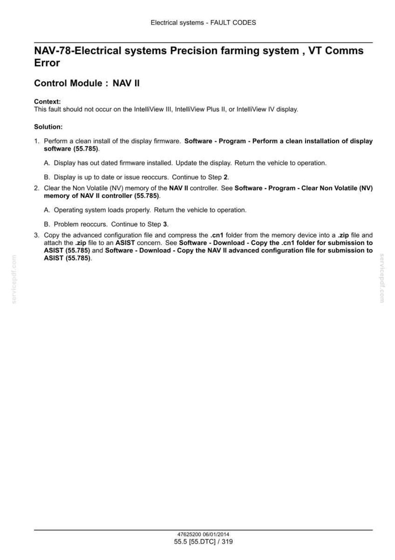 May include: A document detailing electrical system fault codes, specifically for NAV-78 in a precision farming system. The text includes troubleshooting steps for the Control Module NAV II, with instructions for software updates and memory clearing.