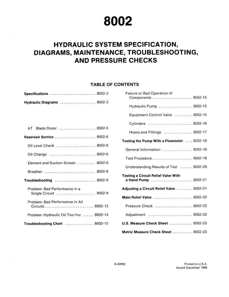 Pu&ograve; includere: Un documento stampato intitolato "8002" con il sottotitolo "Specifiche del sistema idraulico, diagrammi, manutenzione, risoluzione dei problemi e controlli di pressione". Il sommario elenca vari argomenti del sistema idraulico.