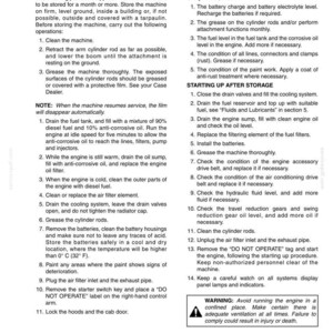 May include: A page from an equipment maintenance manual, detailing storage preparation, periodic checks, and startup procedures. Includes warnings about confined spaces and safety. Text is in black font on a white background.