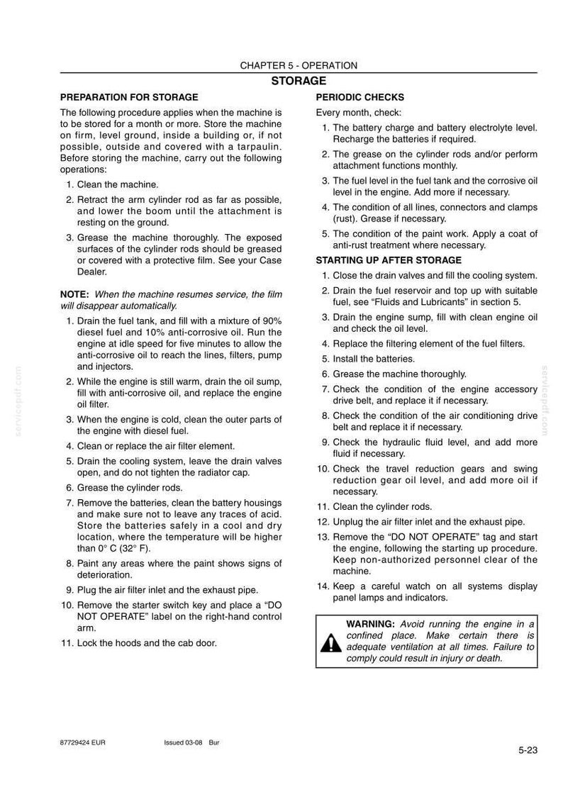 May include: A page from an equipment maintenance manual, detailing storage preparation, periodic checks, and startup procedures. Includes warnings about confined spaces and safety. Text is in black font on a white background.