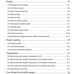 May include: A page from a manual titled "Contents" with a list of engine, power coupling, transmission, and four-wheel drive system components. The page includes section numbers and page numbers.