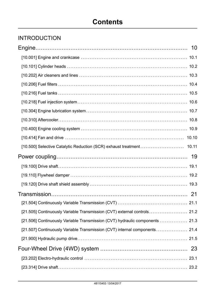 May include: A page from a manual titled "Contents" with a list of engine, power coupling, transmission, and four-wheel drive system components. The page includes section numbers and page numbers.