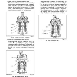May include: Diagrams of hydraulic components with labels and annotations. The images show cross-sectional views of valves and levers, illustrating their operation and internal mechanisms. Text explains the function of each part.