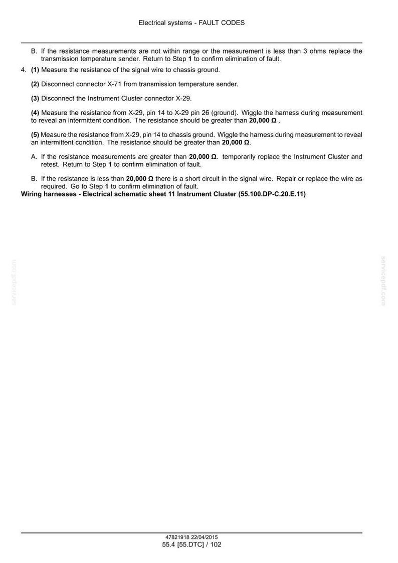Puede incluir: Documento blanco con texto negro que detalla los c&oacute;digos de fallo del sistema el&eacute;ctrico. El documento incluye instrucciones para medir la resistencia y solucionar problemas de mazos de cables. Titulado "Electrical systems - FAULT CODES".