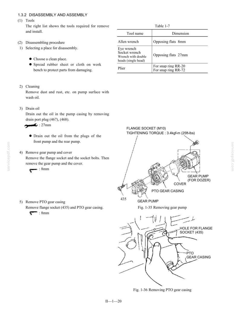May include: Diagram of disassembly and assembly instructions for a gear pump, including a parts list and torque specifications. The image shows various components, including a flange socket, PTO gear casing, and gear pump. Measurements are in inches and pounds.