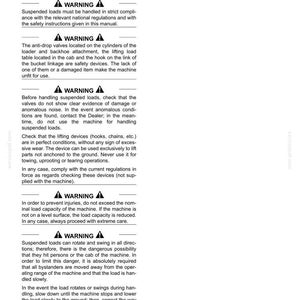 May include: A white page with the title "Lifting Loads" and safety instructions. The text includes warnings about handling suspended loads, checking equipment, and avoiding exceeding load capacity. The page is from section 3 of a manual.