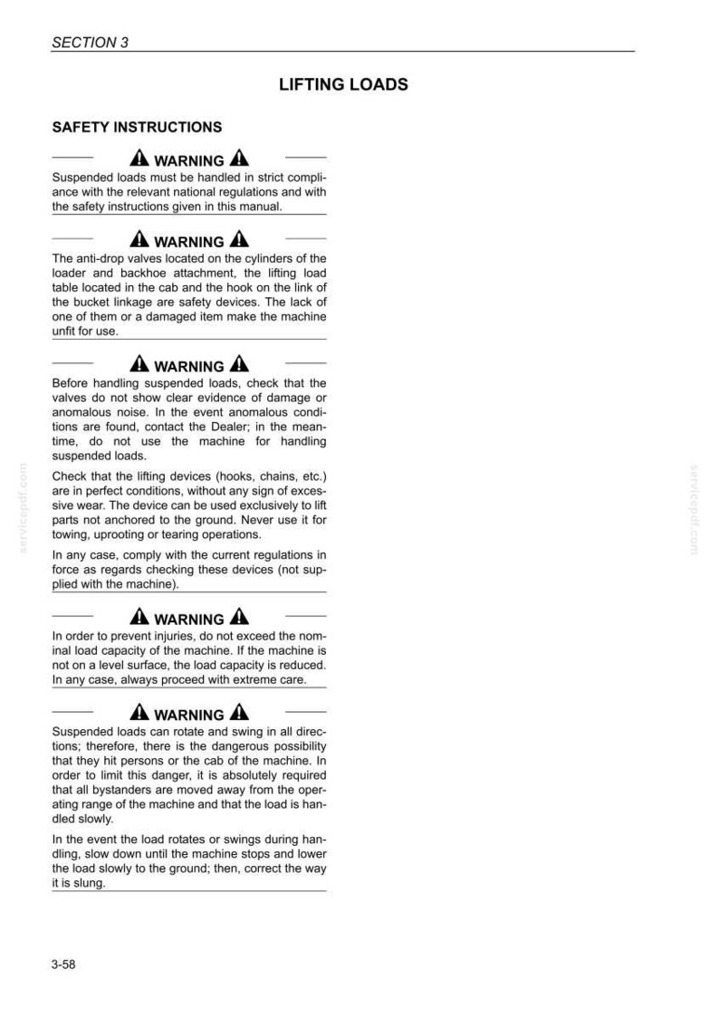 May include: A white page with the title "Lifting Loads" and safety instructions. The text includes warnings about handling suspended loads, checking equipment, and avoiding exceeding load capacity. The page is from section 3 of a manual.