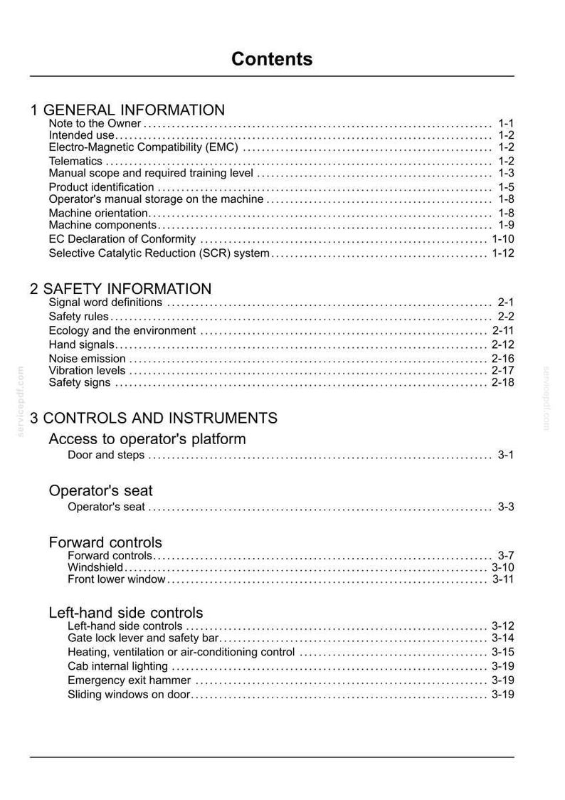 May include: A page from a manual titled "Contents" with a list of topics including "General Information," "Safety Information," and "Controls and Instruments." The text is black on a white background.