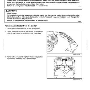 May include: A technical document page titled 3 - OPERATING INSTRUCTIONS detailing the procedure to remove a tractor loader. It includes safety warnings regarding tip-over hazards and two black and white diagrams illustrating the loader and park stands.