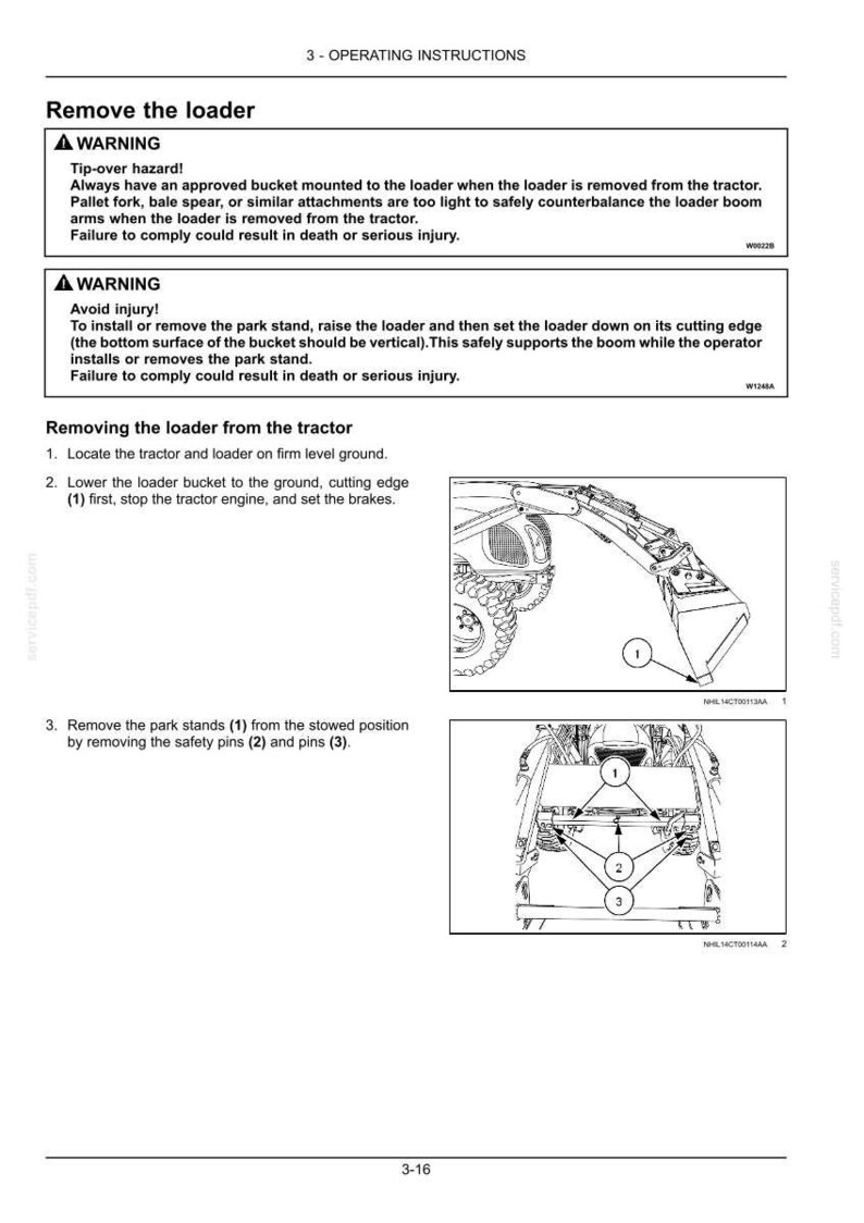 May include: A technical document page titled 3 - OPERATING INSTRUCTIONS detailing the procedure to remove a tractor loader. It includes safety warnings regarding tip-over hazards and two black and white diagrams illustrating the loader and park stands.