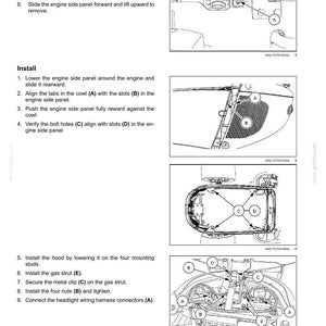 May include: A technical maintenance manual page titled 7-MAINTENANCE, featuring black and white line drawings of engine components. The diagrams illustrate steps for removing and installing engine side panels, cowls, and gas struts with labels A through E.