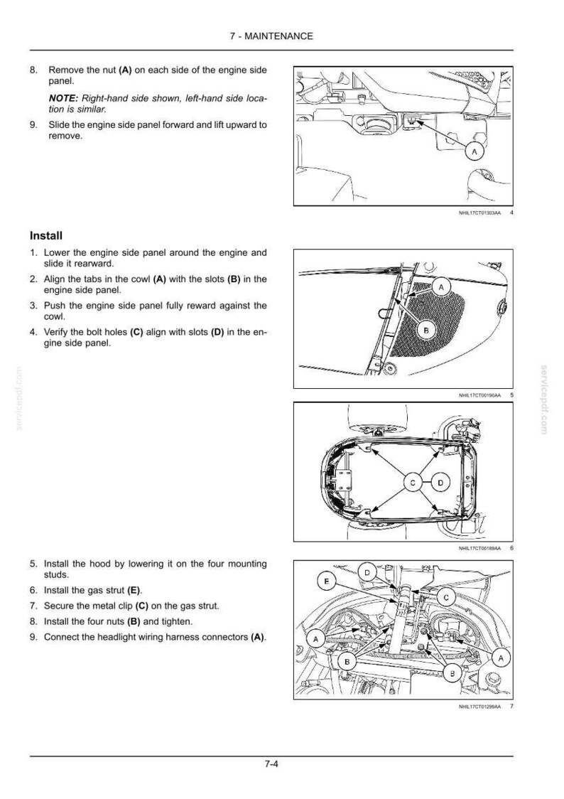May include: A technical maintenance manual page titled 7-MAINTENANCE, featuring black and white line drawings of engine components. The diagrams illustrate steps for removing and installing engine side panels, cowls, and gas struts with labels A through E.