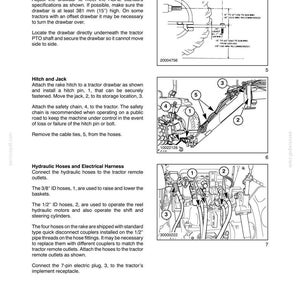 Puede incluir: Una p&aacute;gina de manual t&eacute;cnico titulada Section 00 - General Information - Chapter 1, que detalla los procedimientos de enganche al tractor. Incluye tres dibujos lineales en blanco y negro con componentes numerados, mostrando especificaciones de la barra de tiro y conexiones de mangueras hidr&aacute;ulicas.