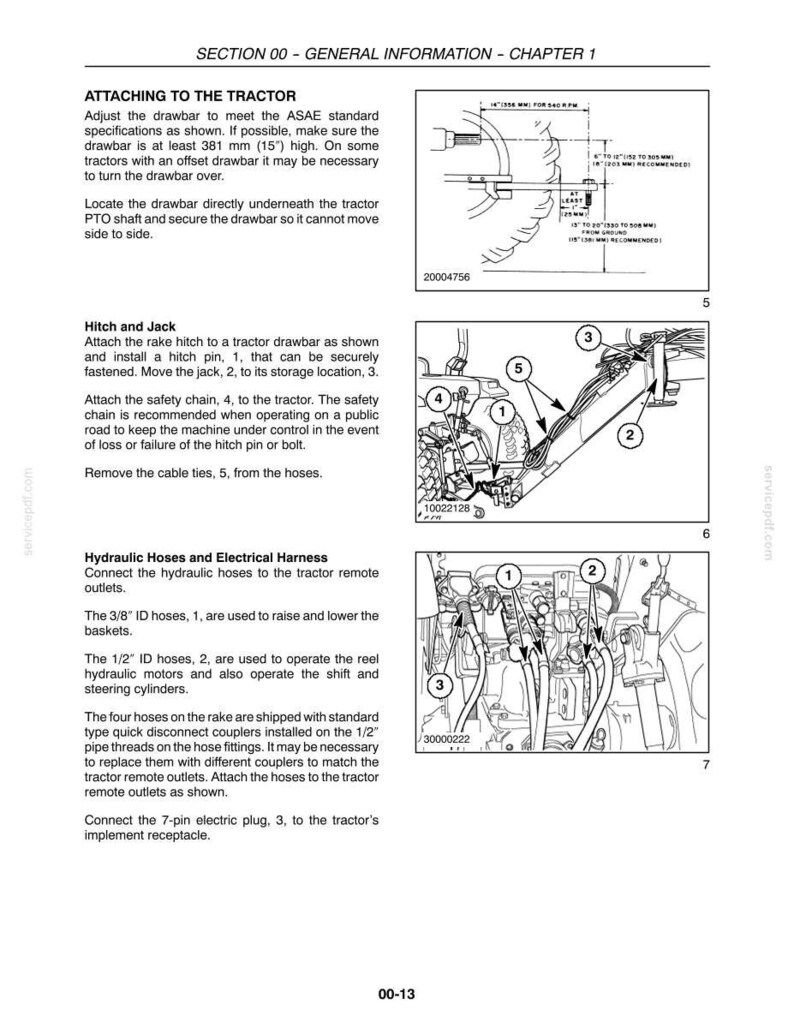 Puede incluir: Una p&aacute;gina de manual t&eacute;cnico titulada Section 00 - General Information - Chapter 1, que detalla los procedimientos de enganche al tractor. Incluye tres dibujos lineales en blanco y negro con componentes numerados, mostrando especificaciones de la barra de tiro y conexiones de mangueras hidr&aacute;ulicas.
