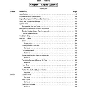 May include: A page from a manual titled "Section 10 - Engine" and "Book 1 - 87535062". The contents include "Chapter 1 - Engine Systems" and a list of topics such as "Specifications" and "Engine Bolt Torque Specifications".