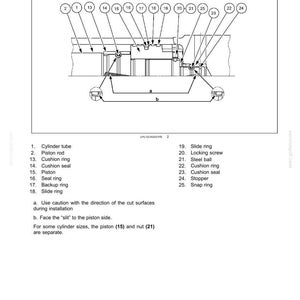 May include: Diagram of a boom hydraulic system, labeled with numbered components. Includes cylinder tube, piston rod, cushion ring, piston, seal ring, and more. Text at the bottom provides additional instructions and specifications.