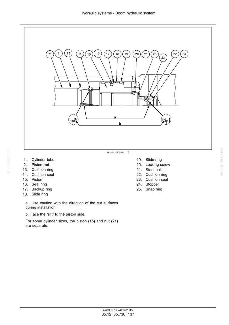 May include: Diagram of a boom hydraulic system, labeled with numbered components. Includes cylinder tube, piston rod, cushion ring, piston, seal ring, and more. Text at the bottom provides additional instructions and specifications.