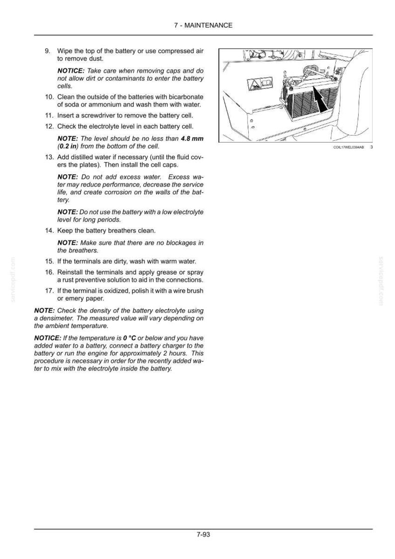 May include: Page from a maintenance manual with instructions on battery care. Includes text about cleaning, checking electrolyte levels, and terminal maintenance. An illustration shows a car battery component.