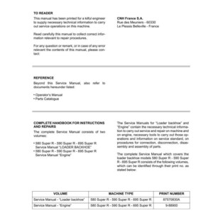 K&ouml;nnte beinhalten: Ein gedrucktes Handbuch mit den Titeln &bdquo;TO READER&ldquo; und &bdquo;COMPLETE HANDBOOK FOR INSTRUCTIONS AND REPAIRS&ldquo;. Das Handbuch enth&auml;lt technische Informationen f&uuml;r Servicearbeiten und Reparaturverfahren. Die Adresse von CNH France S.A. ist ebenfalls sichtbar.