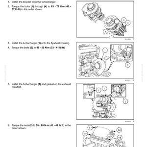 May include: Diagram illustrating turbocharger installation. The instructions detail the torquing of bolts and nuts, with measurements in Newton-metres and pound-feet. The image provides detailed views of engine components, each step clearly labelled.