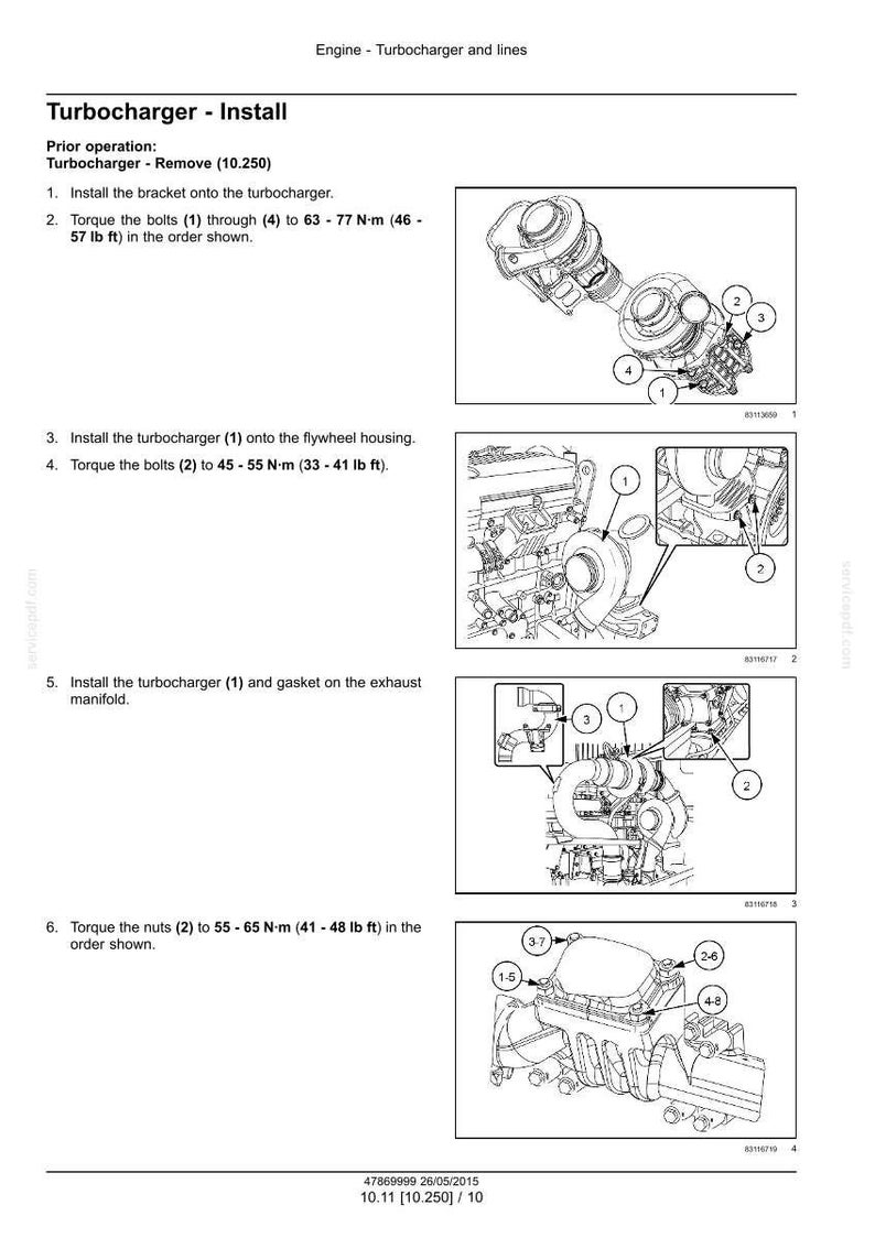 May include: Diagram illustrating turbocharger installation. The instructions detail the torquing of bolts and nuts, with measurements in Newton-metres and pound-feet. The image provides detailed views of engine components, each step clearly labelled.