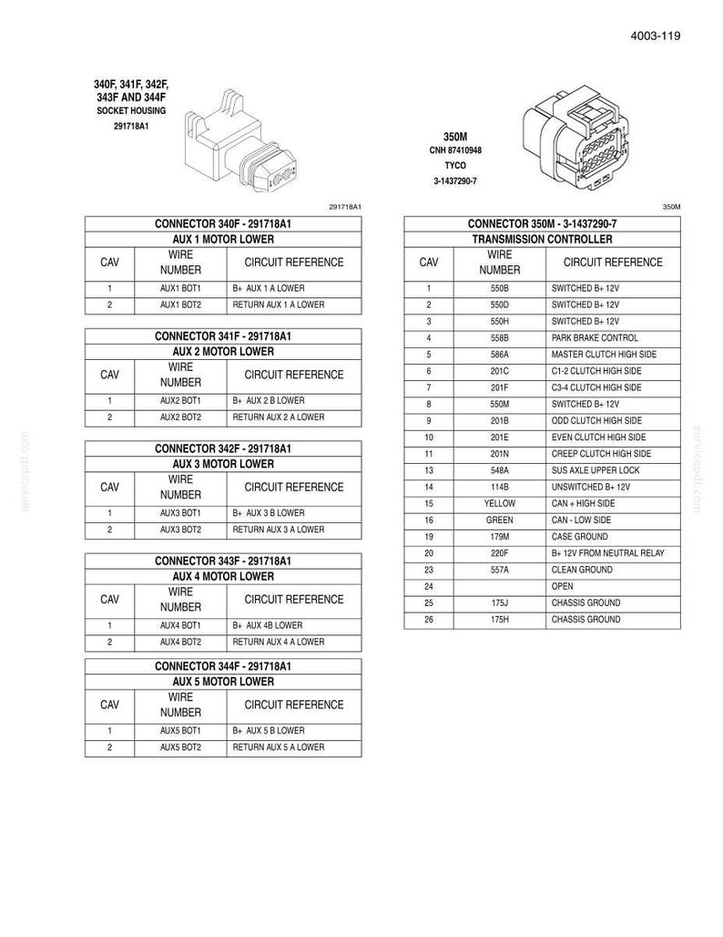 May include: Diagram of electrical connectors and wiring schematics for automotive components. Includes connector diagrams, wire numbers, and circuit references for various systems, such as motor lowers and transmission controllers.