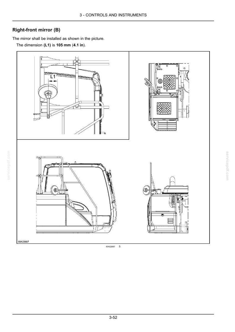 Op de afbeelding: Technische tekening van een rechter buitenspiegel (B). De afbeelding toont meerdere aanzichten van de spiegel, met afmeting L1 van 10,5 cm (4,1 inch). Tekst bevat "3 - BEDIENING EN INSTRUMENTEN".