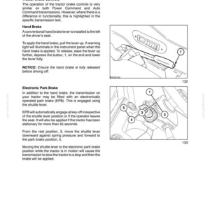May include: A technical manual page titled SECTION 2 - CONTROLS, INSTRUMENTS, AND OPERATION. It features text describing tractor brake controls, hand brakes, and electronic park brakes, accompanied by two line-art diagrams labelled 132 and 133.