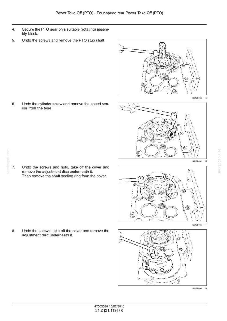 May include: A technical manual page titled Power Take-Off (PTO) - Four-speed rear Power Take-Off (PTO) featuring black and white line drawings. It illustrates steps 4 through 8 for mechanical disassembly using a wrench on various gear components.