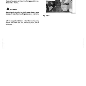 Pu&ograve; includere: Pagina di un manuale con il titolo "FRENI E DIFFERENZIALE DELLO STERZO". La pagina include avvertenze sui cavi e le catene di sollevamento e un diagramma di un componente meccanico. Il testo include "Fig. 4-117."