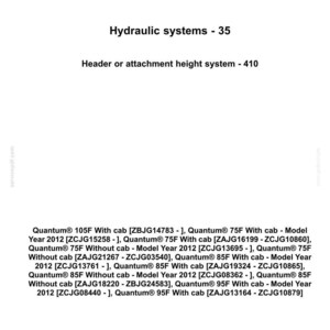 May include: A white document with the CASE IH Agriculture logo, text reading "Hydraulic systems - 35" and "Header or attachment height system - 410." Below are product specifications for Quantum models.