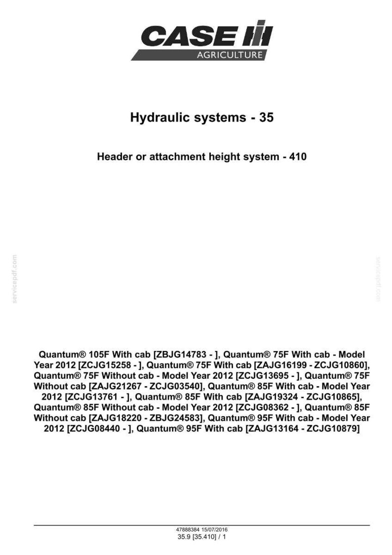 May include: A white document with the CASE IH Agriculture logo, text reading "Hydraulic systems - 35" and "Header or attachment height system - 410." Below are product specifications for Quantum models.