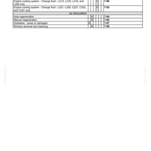 May include: A black and white maintenance table titled 7-MAINTENANCE. It lists actions like engine cooling system fluid changes for models L213, L216, L218, L220, L221, L228, C227, C232, and C237, plus auto-regeneration, manual regeneration, and window cleaning.
