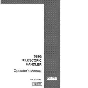 Op de afbeelding: Een witte gebruikershandleiding voor een 689G Telescopische Handler. De cover bevat de tekst "Operator's Manual", het Case-logo en het woord "Reprinted". De rechterkant heeft een grijs, getextureerd ontwerp.