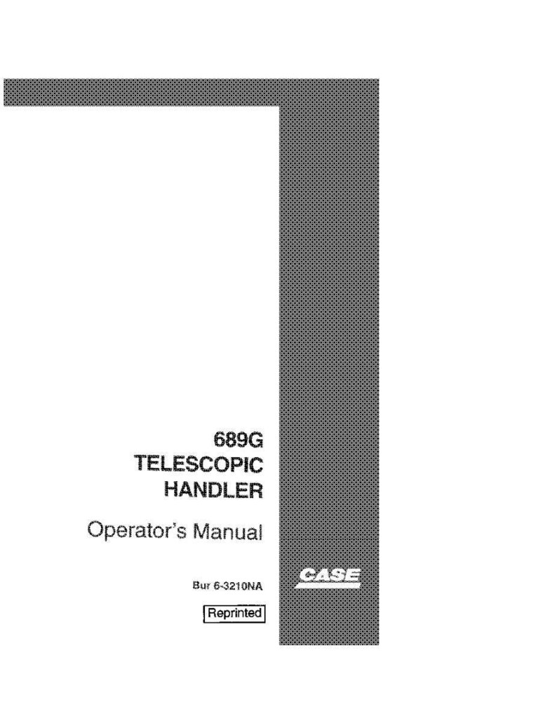 Op de afbeelding: Een witte gebruikershandleiding voor een 689G Telescopische Handler. De cover bevat de tekst "Operator's Manual", het Case-logo en het woord "Reprinted". De rechterkant heeft een grijs, getextureerd ontwerp.