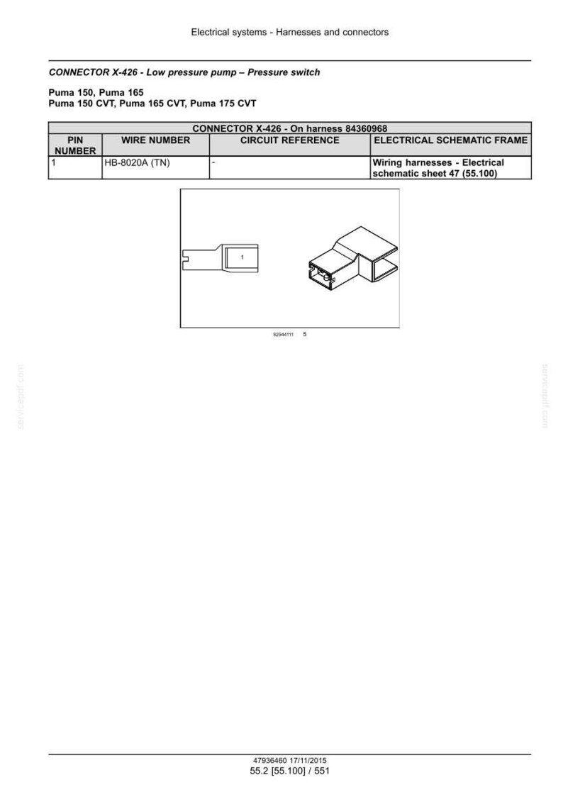 May include: Diagram of electrical connectors and wiring schematic. Text includes "CONNECTOR X-426" and "Low pressure pump - Pressure switch". Includes part numbers and wire information. The image is a technical diagram.