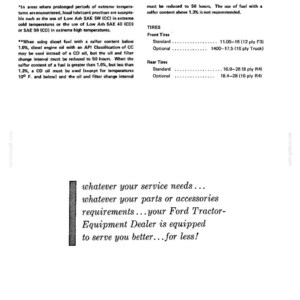 May include: A technical document page titled SPECIFICATIONS containing text about fuel and oil requirements for machinery, a list of front and rear tire sizes including 11.00-16 and 16.9-28, and a promotional message for a Ford Tractor-Equipment Dealer.