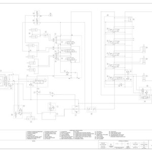 Op de afbeelding: Een gedetailleerde technische tekening van een hydraulisch systeem voor een UBE-lader/landschapsarchitect. Het diagram is in zwart-wit weergegeven en bevat talrijke lijnen, symbolen en labels. Het schema omvat verschillende componenten en hun onderlinge verbindingen.