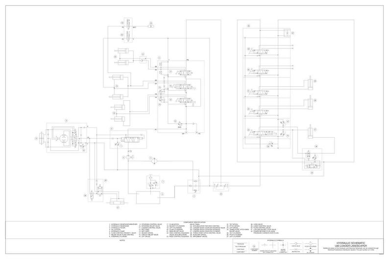 Op de afbeelding: Een gedetailleerde technische tekening van een hydraulisch systeem voor een UBE-lader/landschapsarchitect. Het diagram is in zwart-wit weergegeven en bevat talrijke lijnen, symbolen en labels. Het schema omvat verschillende componenten en hun onderlinge verbindingen.