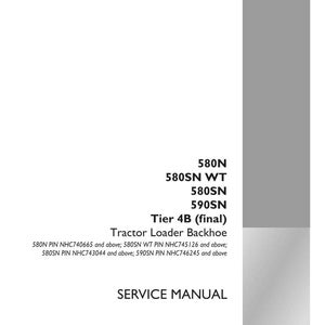 May include: A white service manual cover with black text. The text includes "580N", "580SN WT", "580SN", "590SN", "Tier 4B (final)", and "Tractor Loader Backhoe". The Case Construction logo is in the bottom right.