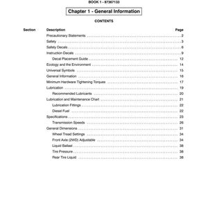 May include: A page from a manual with the title "SECTION 00 - GENERAL INFORMATION" and "Chapter 1 - General Information." The contents include a list of topics such as "Safety Decals," "Transmission Speeds," and "Tire Pressure."
