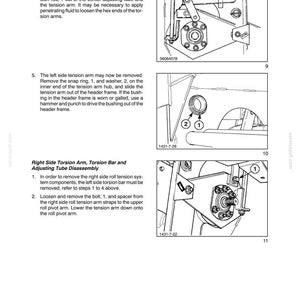 May include: A technical manual page titled SECTION 58 - ATTACHMENTS/HEADERS - CHAPTER 5, featuring three black and white line drawings labeled 9, 10, and 11, illustrating mechanical disassembly steps for torsion arms, rods, and tension systems.