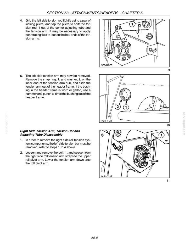 May include: A technical manual page titled SECTION 58 - ATTACHMENTS/HEADERS - CHAPTER 5, featuring three black and white line drawings labeled 9, 10, and 11, illustrating mechanical disassembly steps for torsion arms, rods, and tension systems.