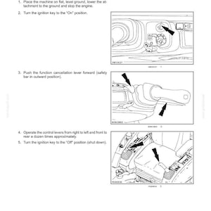 May include: A technical manual page titled 6-MAINTENANCE, detailing the procedure for releasing pressure in a hydraulic system. It includes numbered instructions and three black-and-white line drawings showing an ignition key, a safety bar, and control levers.