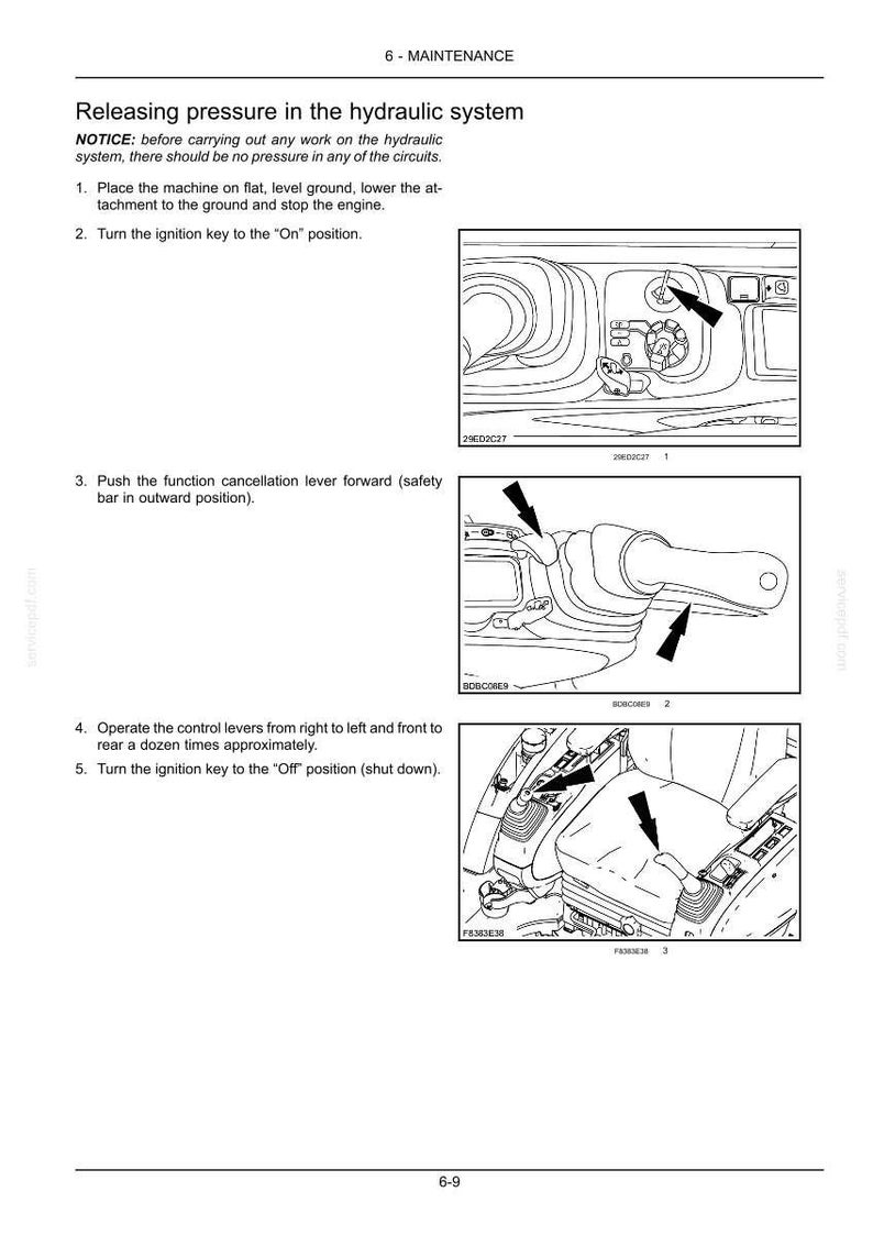 May include: A technical manual page titled 6-MAINTENANCE, detailing the procedure for releasing pressure in a hydraulic system. It includes numbered instructions and three black-and-white line drawings showing an ignition key, a safety bar, and control levers.